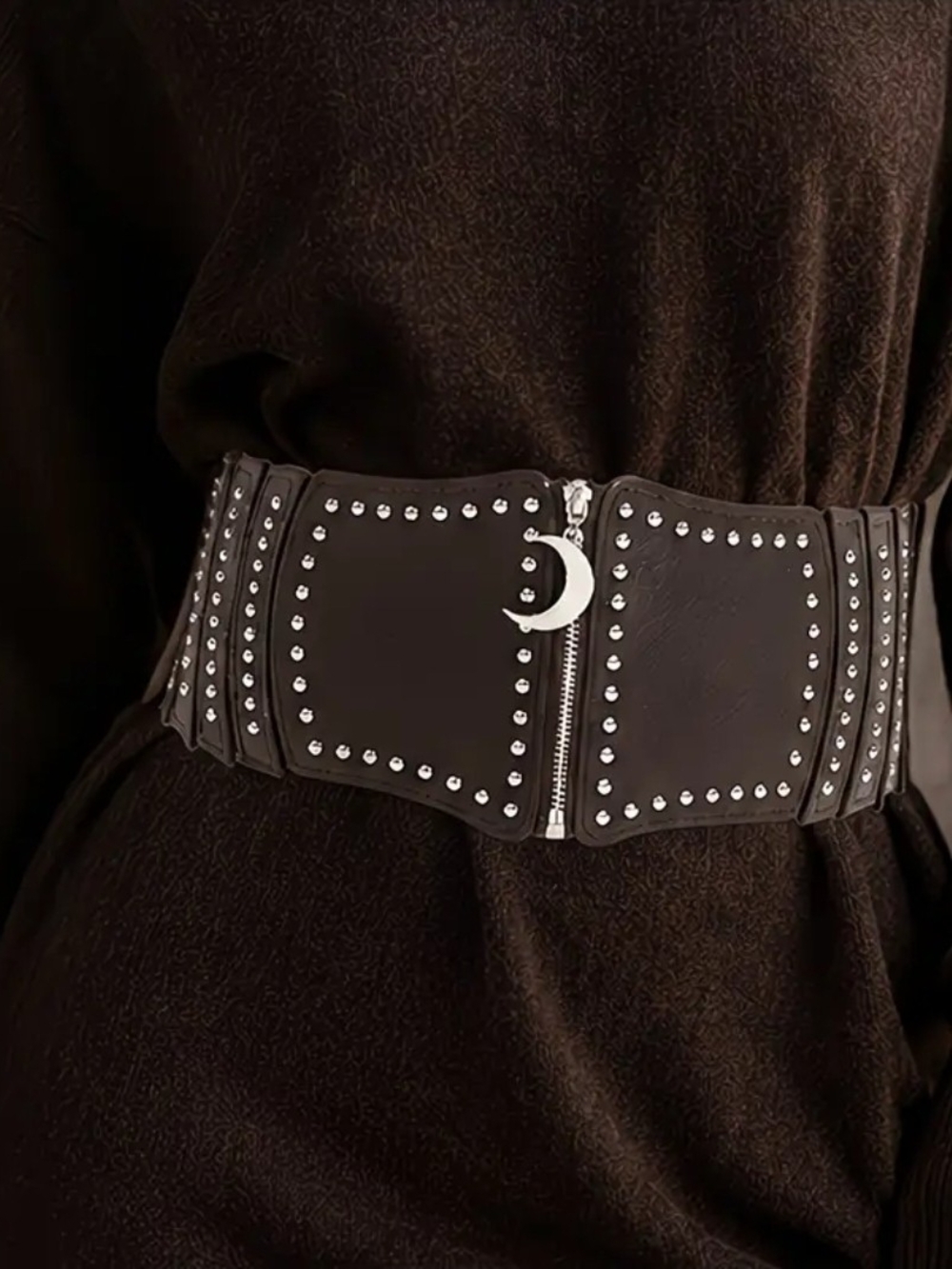 Faux Leather Wide brown belt silver studs moon zipper pull Elastic Back